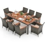 9-Delige Rotan Tuinset voor 8 Personen Acacia Tafelblad Patio Eetset met Afneembare Kussens Draagvermogen Stoel 180kg