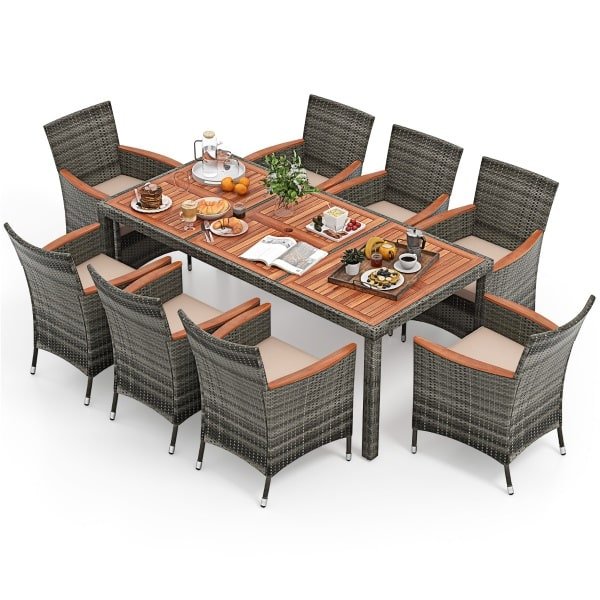 9-Delige Rotan Tuinset voor 8 Personen Acacia Tafelblad Patio Eetset met Afneembare Kussens Draagvermogen Stoel 180kg