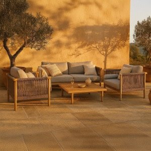 Dutchbone Loungeset Oasis Acaciahout en touw, Met tuinbank, 2 loungestoelen en loungetafel - Naturel