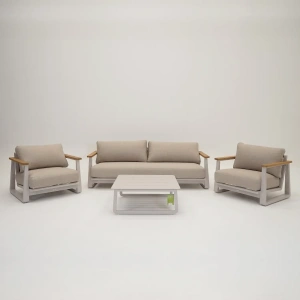 Loungeset kunststof rug draad Creme Beige Aluminium frame Teak arm Lounge Stoel met Tafel Vita