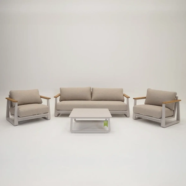 Loungeset kunststof rug draad Creme Beige Aluminium frame Teak arm Lounge Stoel met Tafel Vita
