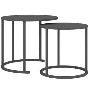 Outsunny 2-delige Stapelbare Bijzettafelset Ronde Buitentafel Waterbestendig Balkontafel van Staal Ruimtebesparend Donkergrijs