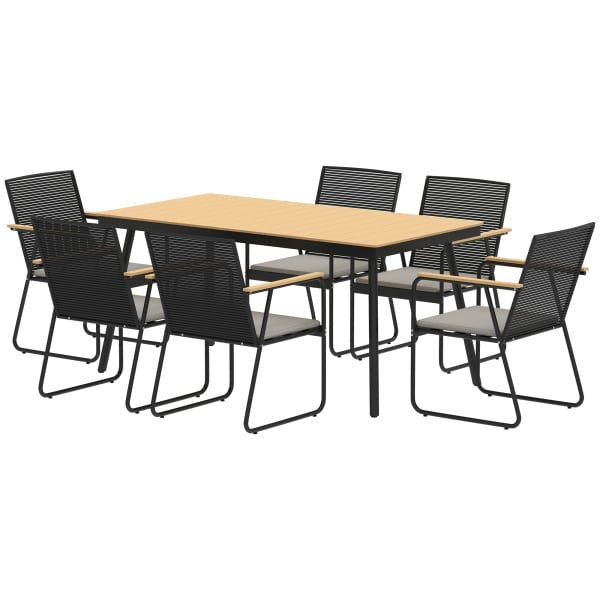 Outsunny 7-delige Tuinset voor 6 Personen - Eettafel met Stoelen in Natuurhout/Zwart