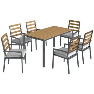 Outsunny 7-delige tuinset tuinmeubelset, tuinset met 1 eettafel, 6 stoelen, kussens, voor terras, natuurhout