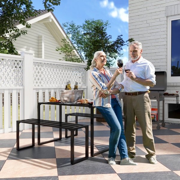 Outsunny Biertafelset, weerbestendig metaal, perfect voor buiten, 4-persoons, Eenvoudig te onderhouden oppervlak, 110 x 55 x 70 cm, zwart | Aosom.nl