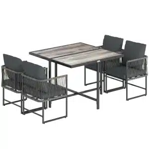 Outsunny Polyrattan Tuinmeubelset 5-delig Ruimtebesparende Zitgroep Tafel met 4 Stoelen DPC-Tafelblad Kussens Grijs