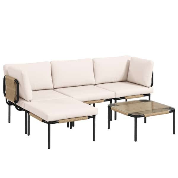 Outsunny Polyrattan tuinmeubelset 5-delig loungeset met 3 stoelen, salontafel, hocker, brede & diepe zit, afneembare kussens