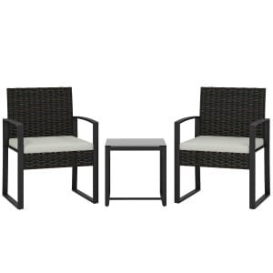 Outsunny Rattan Bistroset, 3-delig tuinmeubelset met 2 tuinstoelen, salontafel, afneembare kussens Crèmewit
