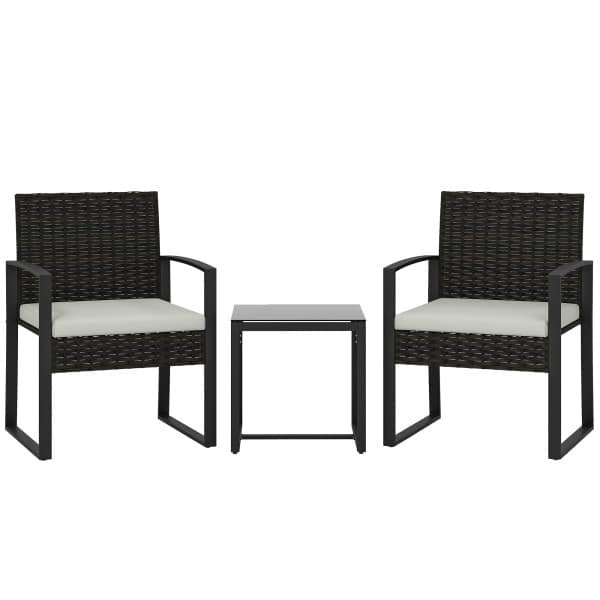 Outsunny Rattan Bistroset, 3-delig tuinmeubelset met 2 tuinstoelen, salontafel, afneembare kussens Crèmewit