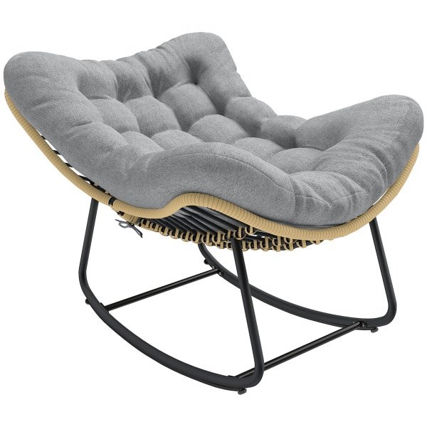 Outsunny Rattan Schommelstoel Tuinligstoel met dikke kussens, Tuinschommel tot 120 kg Binnen Buiten 87 x 110 x 70 cm Grijs