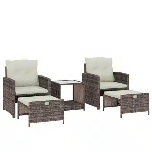 Outsunny Rattan Tuinmeubelset 5-delig Balkonmeubelset met 2 Stoelen, Kussens, Voetenbankjes, Tafel, Opbergruimte Crème