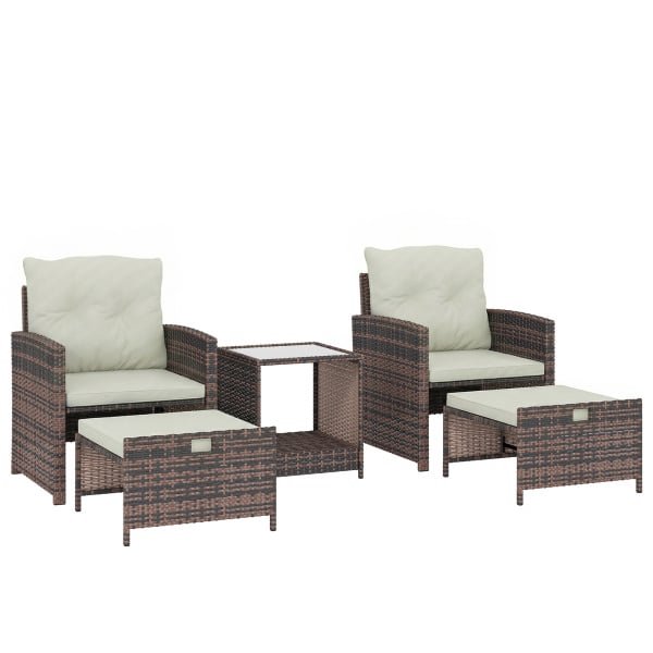 Outsunny Rattan Tuinmeubelset 5-delig Balkonmeubelset met 2 Stoelen, Kussens, Voetenbankjes, Tafel, Opbergruimte Crème