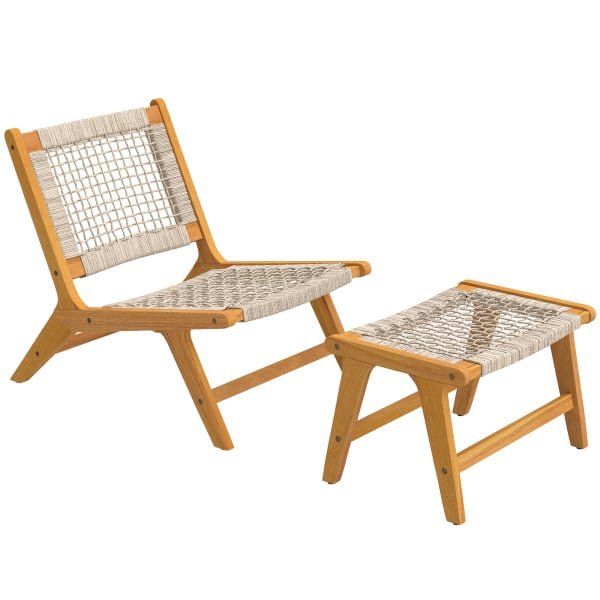 Outsunny Tuinloungestoel met voetenbank 2-delig FSC Acaciahout outdoor loungeset met rattan zitting, Boho-stijl, verstelbare poten
