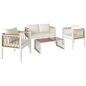 Outsunny Tuinmeubelset 4-delig polyrattan loungeset met tweezitsbank, 2 stoelen, glazen tafel, afneembare kussens en antislipmatten