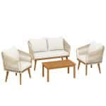 Outsunny Tuinmeubelset 4-delig polyrattan loungeset met tweezitter, 2 stoelen, acaciahouten lamellentafel, dikke wasbare kussens