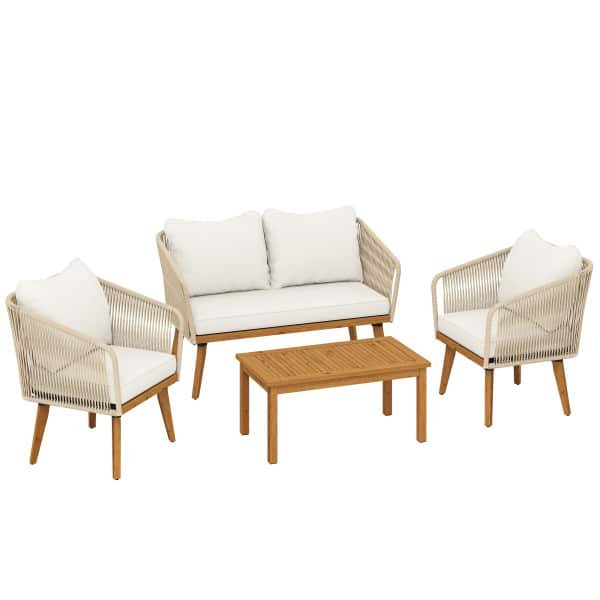 Outsunny Tuinmeubelset 4-delig polyrattan loungeset met tweezitter, 2 stoelen, acaciahouten lamellentafel, dikke wasbare kussens
