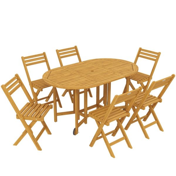 Outsunny Tuinmeubelset FSC hout zitgroep 7-delig uitschuifbare tafel met 6 klapstoelen parasolopening lamellenontwerp