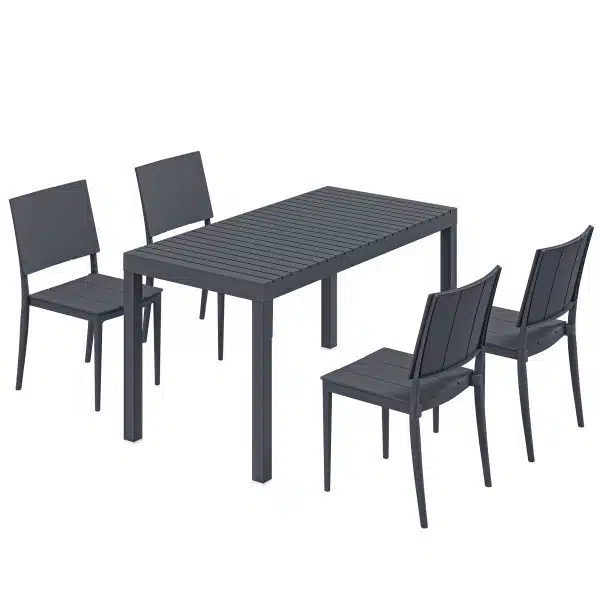 Outsunny Tuinmeubelset zitgroep 5-delig brede tafel met 4 stapelstoelen lamellendesign voor 4 personen donkergrijs