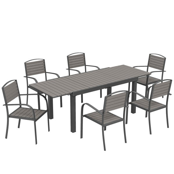 Outsunny Tuinset 7-delig Uitschuifbare Tafel met 6 Stoelen Houtlook Lamellendesign Aluminium Frame