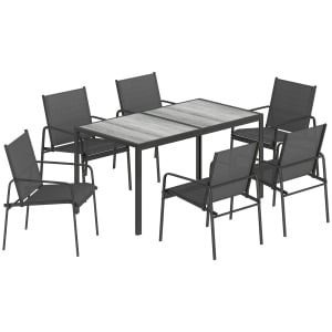 Outsunny Tuinset zitgroep 150 x 80 cm tafel met 6 ademende stoelen houtlook stalen frame Zwart