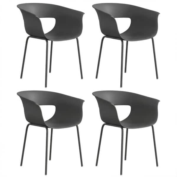 Outsunny Tuinstoelen set van 4 ergonomische balkonstoelen met uitsnijdingsdesign armleuning weerbestendig roestvrij Donkergrijs