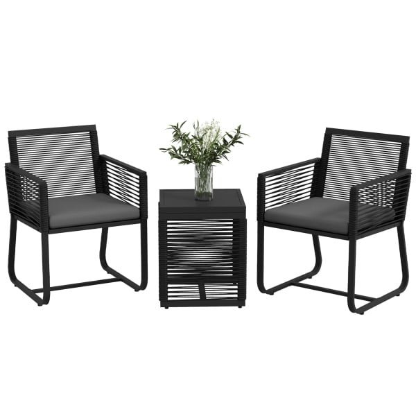 Outsunny bistroset, 3-delige balkonset, weerbestendig, Zachte zitkussens, modern design, ruimtebesparend, 53 x 57 x 77 cm, zwart, grijs | Aosom.nl