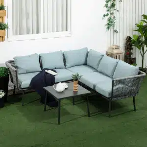 Outsunny loungeset, 4-delige rotan weerbestendig, met Aluminium tafelblad, comfortabele kussens, 4 zitplaatsen tot 360 kg, zwart + grijs | Aosom.nl