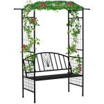 Outsunny plantenboog met bank, decoratieve trellis, stevig metaal, weerbestendig, perfect voor klimplanten, 152 x 58 x 207 cm, zwart | Aosom.nl