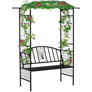 Outsunny plantenboog met bank, decoratieve trellis, stevig metaal, weerbestendig, perfect voor klimplanten, 152 x 58 x 207 cm, zwart | Aosom.nl