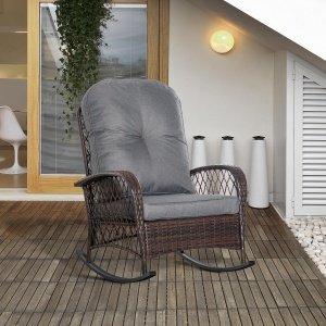 Outsunny schommelstoel buiten, comfortabele tuinstoel met kussen, weerbestendig, tot 160 kg, luxe poly rotan, 75 x 103 x 96 cm, bruin | Aosom.nl