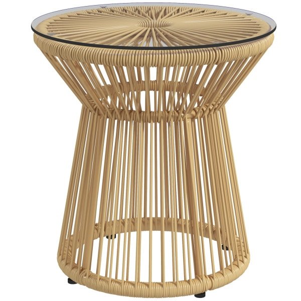 Outsunny stijlvolle outdoor bijzettafel, modern design, duurzaam PE-rattan, glasplaat, weerbestendig, 40 x 40 x 42 cm, beige | Aosom.nl