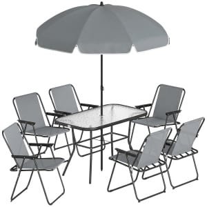 Outsunny tuinset 6 personen, Glazen Tafel met Klapstoelen en 180 cm Parasol, Demonteerbaar ontwerp, gemakkelijk schoon te maken，Grijs | Aosom.nl