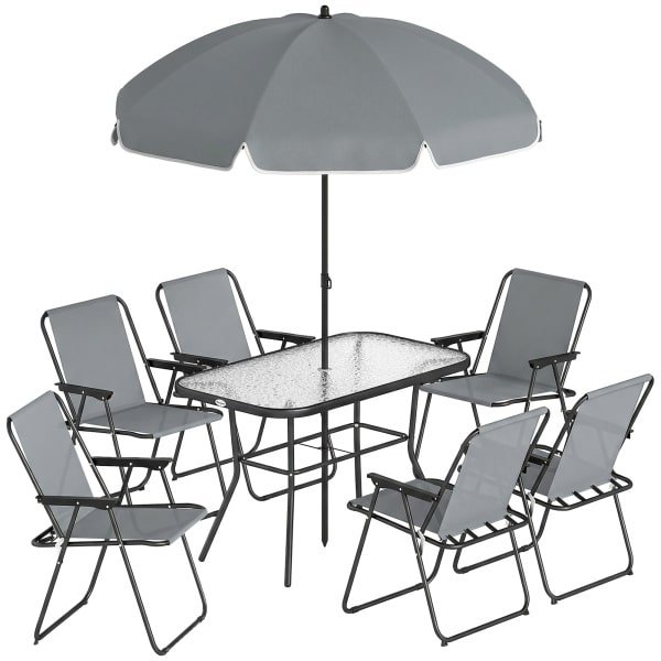 Outsunny tuinset 6 personen, Glazen Tafel met Klapstoelen en 180 cm Parasol, Demonteerbaar ontwerp, gemakkelijk schoon te maken，Grijs | Aosom.nl