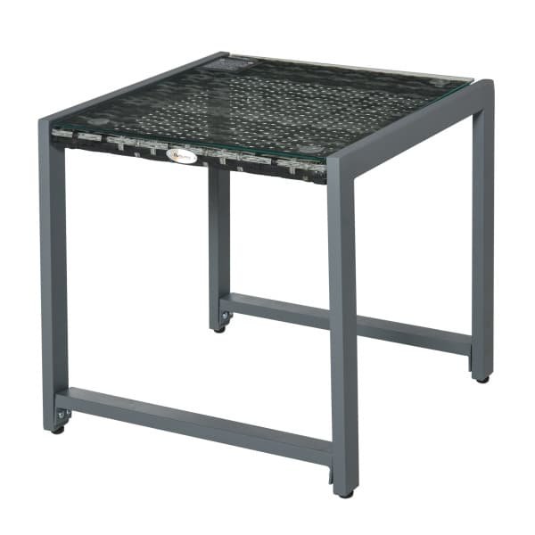 Outsunny tuintafel, moderne tuintafel met gehard glas, weerbestendig poly-rotan, stevig aluminium, 50 x 49,5 x 50 cm, grijs | Aosom.nl