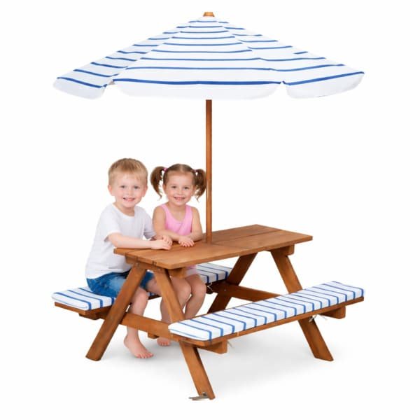 Picknicktafel voor kinderen - blauw/wit - 75 x 75 cm - hout/polyester - incl parasol - tuinset
