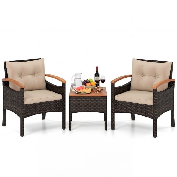 Tuinset 3-delige Balkonset Bestaande uit 2 Stoelen en 1 Tafel Rieten Tuinstoelen Terrasmeubilair met Rugleuning en Armleuningen