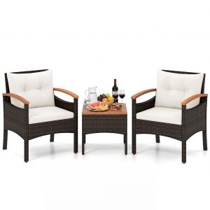 Tuinset 3-delige Balkonset Bestaande uit 2 Stoelen en 1 Tafel Rieten Tuinstoelen Terrasmeubilair met Rugleuning en Armleuningen Beige