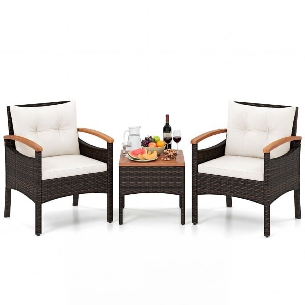 Tuinset 3-delige Balkonset Bestaande uit 2 Stoelen en 1 Tafel Rieten Tuinstoelen Terrasmeubilair met Rugleuning en Armleuningen Beige