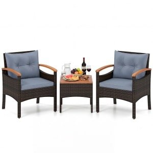 Tuinset 3-delige Balkonset Bestaande uit 2 Stoelen en 1 Tafel Rieten Tuinstoelen Terrasmeubilair met Rugleuning en Armleuningen Grijs