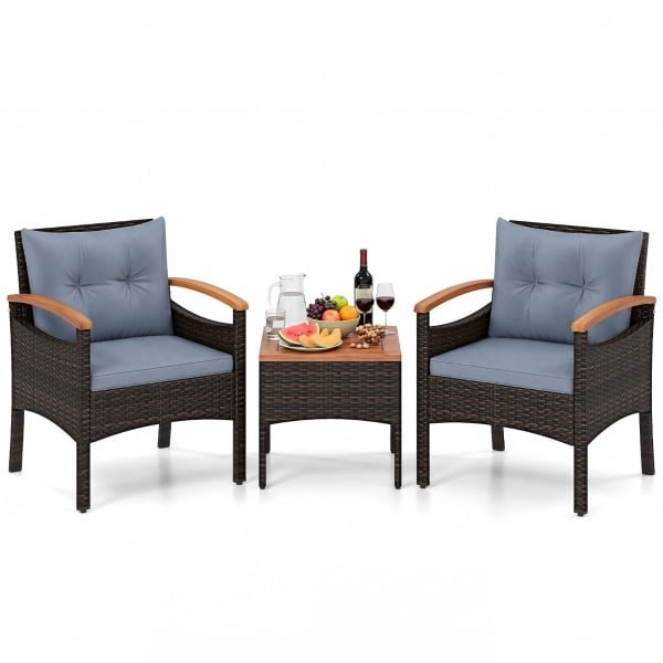 Tuinset 3-delige Balkonset Bestaande uit 2 Stoelen en 1 Tafel Rieten Tuinstoelen Terrasmeubilair met Rugleuning en Armleuningen Grijs