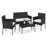 Tuinset 4-Delige Balkonmeubelset met Fauteuil Tuintafel en 2 Stoelen Rotan Tuinlounge met Zitkussens Terrasmeubels voor Buiten-Beige