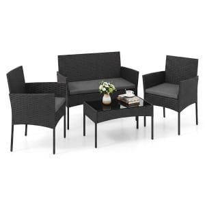 Tuinset 4-Delige Balkonmeubelset met Fauteuil Tuintafel en 2 Stoelen Rotan Tuinlounge met Zitkussens Terrasmeubels voor Buiten-Grijs