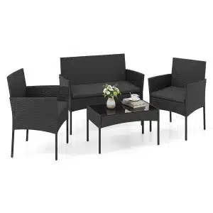 Tuinset 4-Delige Balkonmeubelset met Fauteuil Tuintafel en 2 Stoelen Rotan Tuinlounge met Zitkussens Terrasmeubels voor Buiten-Zwart