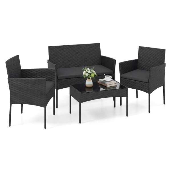 Tuinset 4-Delige Balkonmeubelset met Fauteuil Tuintafel en 2 Stoelen Rotan Tuinlounge met Zitkussens Terrasmeubels voor Buiten-Zwart