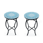 (Twee) Bijzettafel met Mozaïek voor Buiten Kleine 35 cm Ronde Salontafel met Keramisch Tegelblad Plantenstandaard Blauw