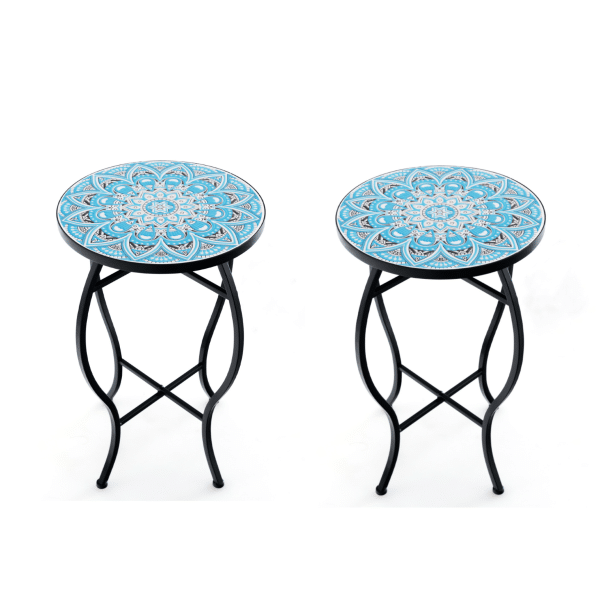 (Twee) Bijzettafel met Mozaïek voor Buiten Kleine 35 cm Ronde Salontafel met Keramisch Tegelblad Plantenstandaard Blauw