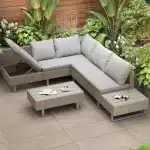 Zitmeubels, tuinsets, loungesets, buitenbanken. Voor 4-5 personen. Hoekbank in de lounge, tafel en rugleuning.