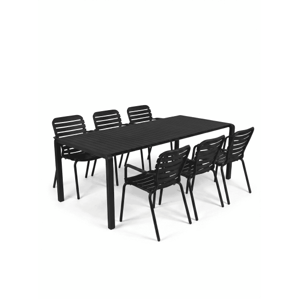 Zuiver Zuiver Tuinset Vondel Met tuintafel en 6 stoelen met armleuning, 214 x 97cm - Zwart